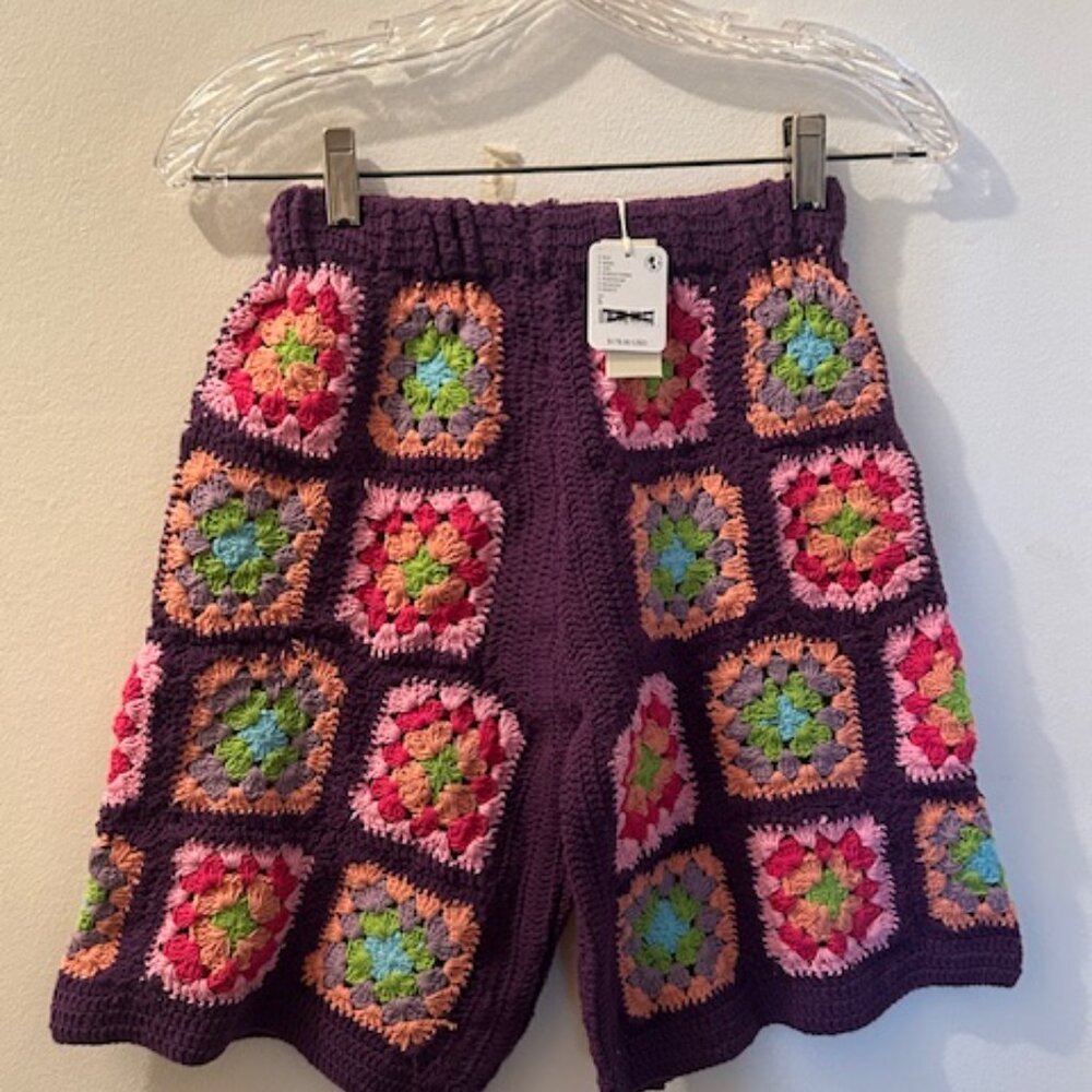 Free People x Flook Frances Multicolor Purple Crochet Elastic Long Shorts